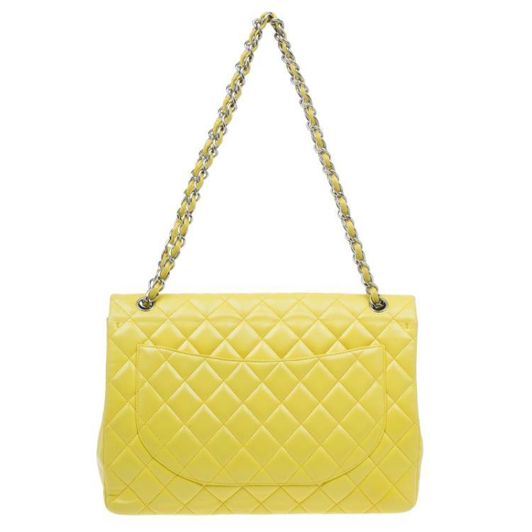 Pre Owned Chanel Yellow Quilted Lambskin Leather Classic Maxi Single Flap Bag