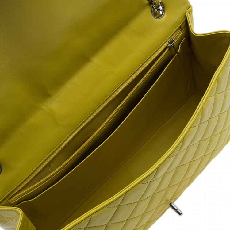 Pre Owned Chanel Yellow Quilted Lambskin Leather Classic Maxi Single Flap Bag