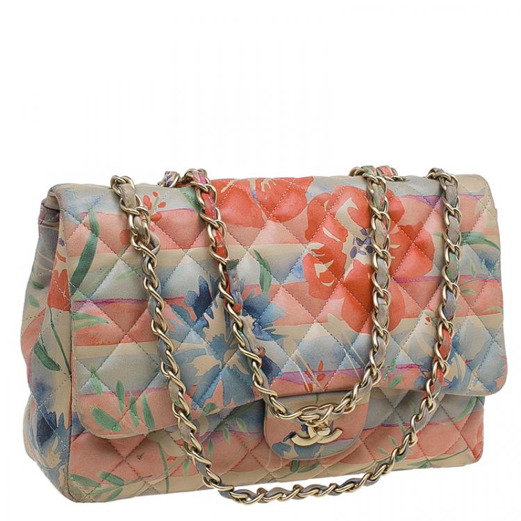 Pre Owned Chanel Floral Print Leather Jumbo Classic Single Flap Bag