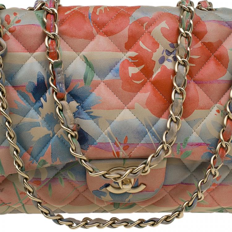 Pre Owned Chanel Floral Print Leather Jumbo Classic Single Flap Bag