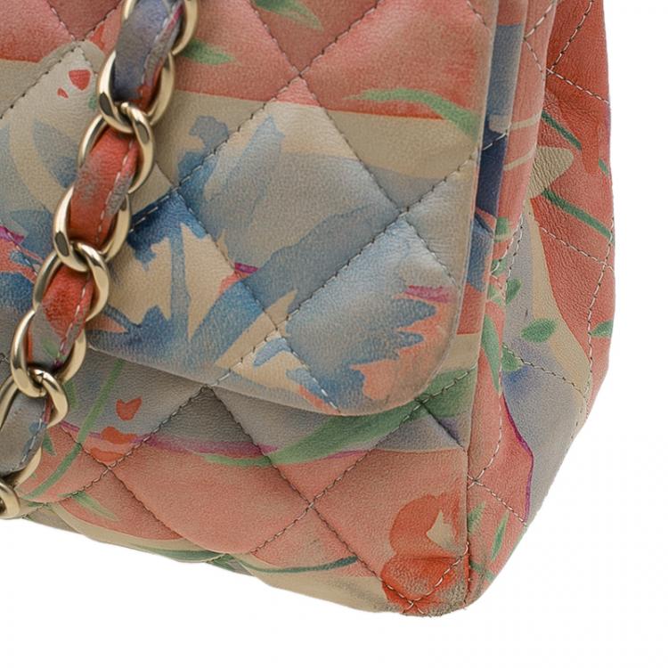 Pre Owned Chanel Floral Print Leather Jumbo Classic Single Flap Bag