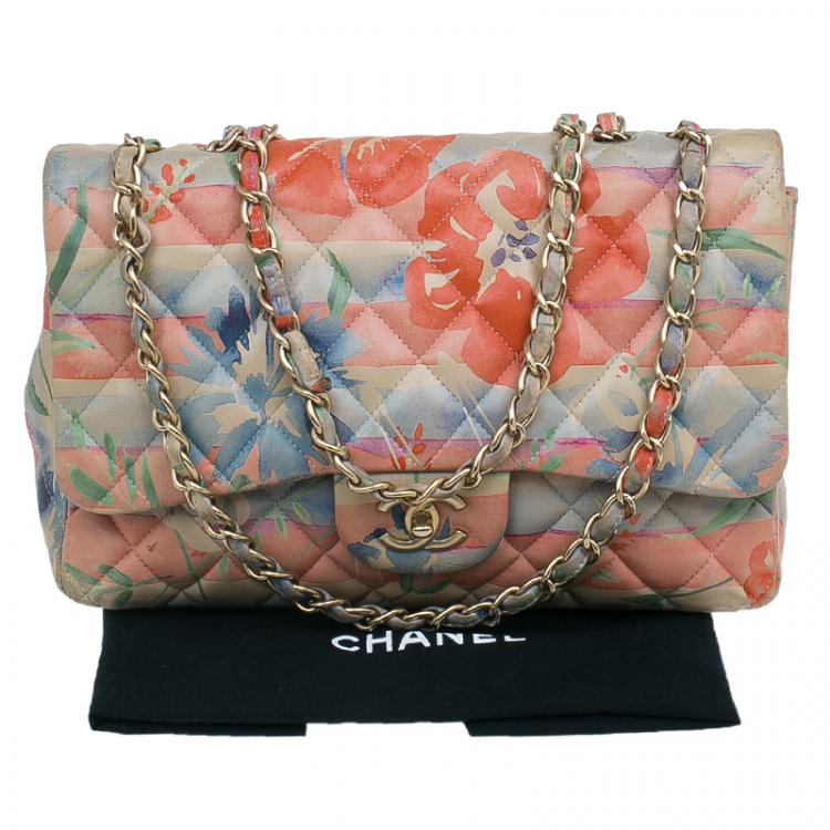 Pre Owned Chanel Floral Print Leather Jumbo Classic Single Flap Bag