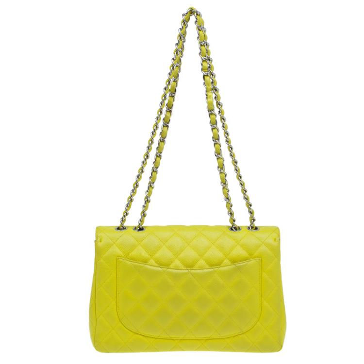 Pre Owned Chanel Yellow Quilted Caviar Leather Jumbo Classic Single Flap Bag