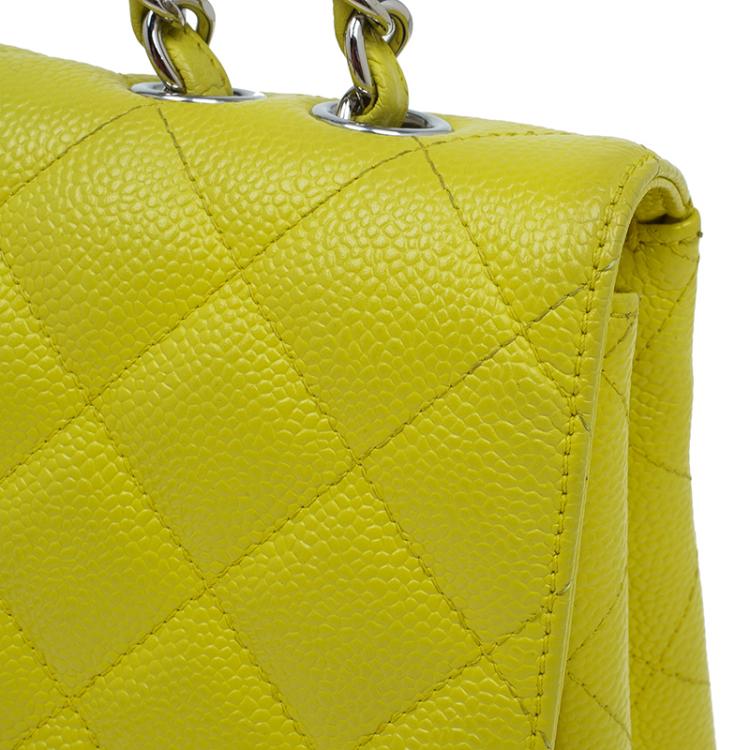 Pre Owned Chanel Yellow Quilted Caviar Leather Jumbo Classic Single Flap Bag