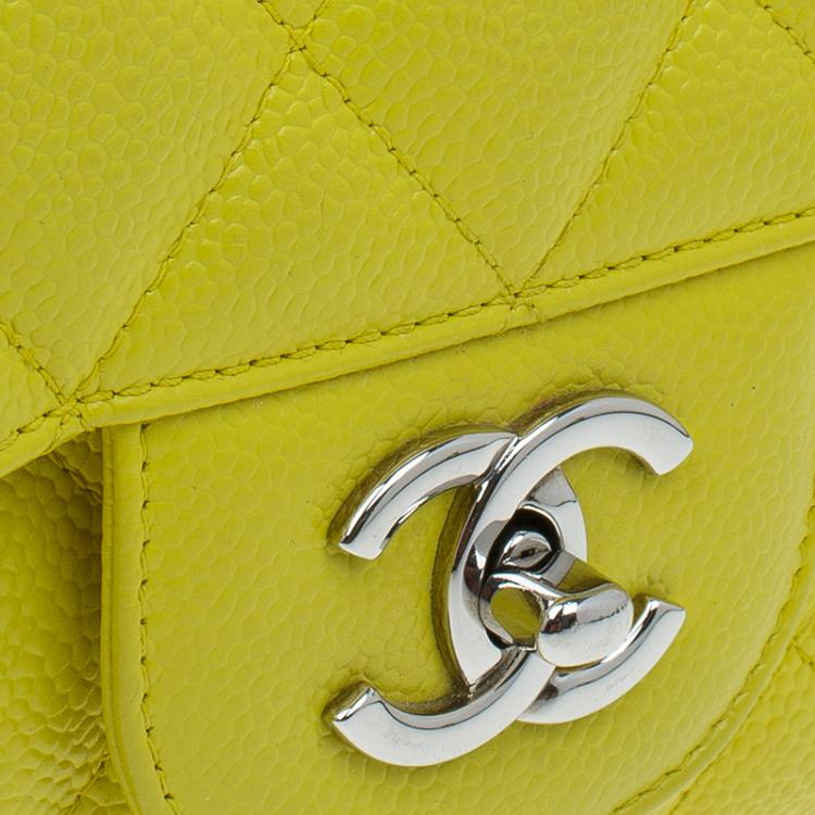 Pre Owned Chanel Yellow Quilted Caviar Leather Jumbo Classic Single Flap Bag