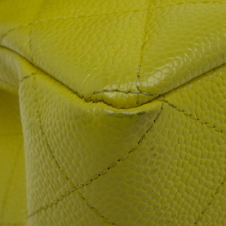 Pre Owned Chanel Yellow Quilted Caviar Leather Jumbo Classic Single Flap Bag