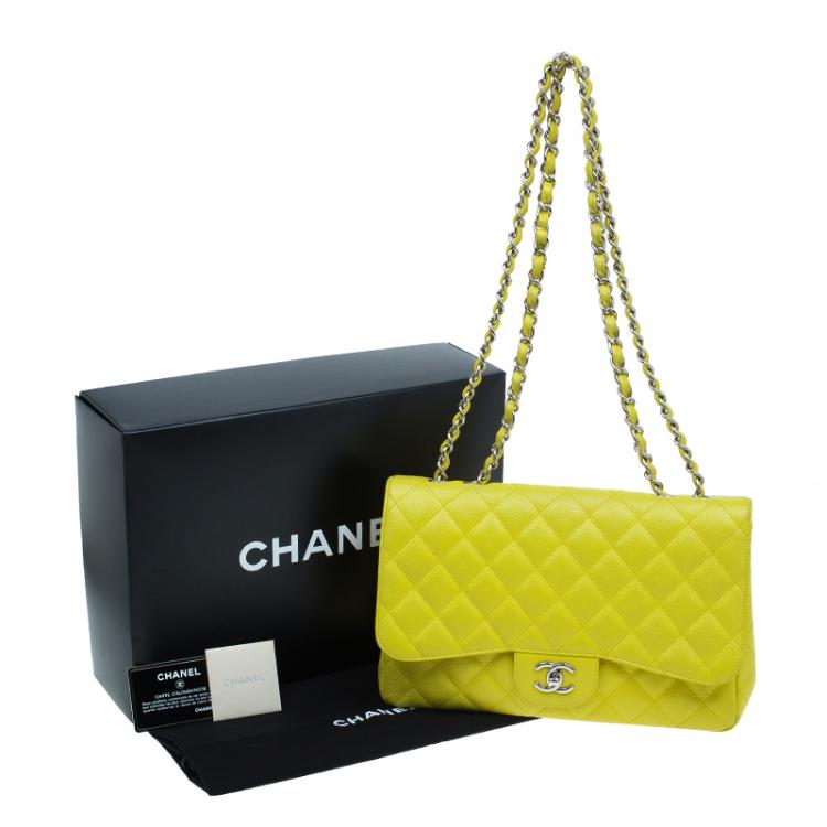 Pre Owned Chanel Yellow Quilted Caviar Leather Jumbo Classic Single Flap Bag