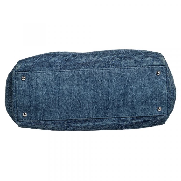 Pre Owned Chanel Blue Camellia Embroidered Denim and Leather Large Just Mademoiselle Bowler Bag