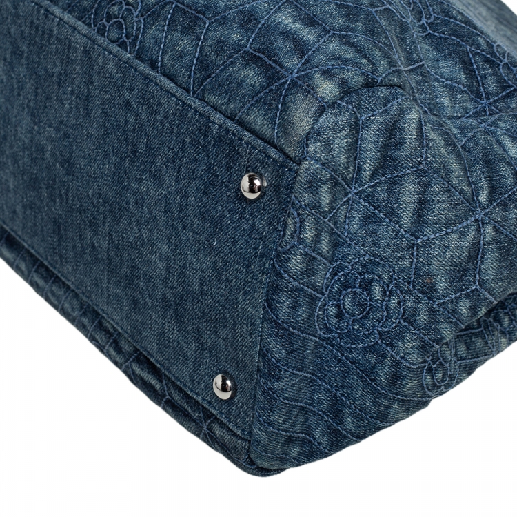 Pre Owned Chanel Blue Camellia Embroidered Denim and Leather Large Just Mademoiselle Bowler Bag