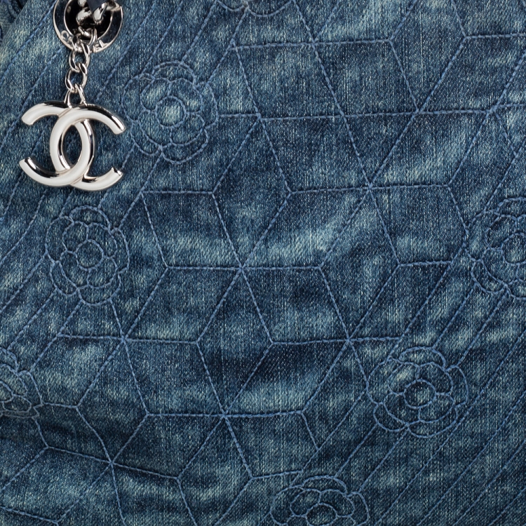 Pre Owned Chanel Blue Camellia Embroidered Denim and Leather Large Just Mademoiselle Bowler Bag