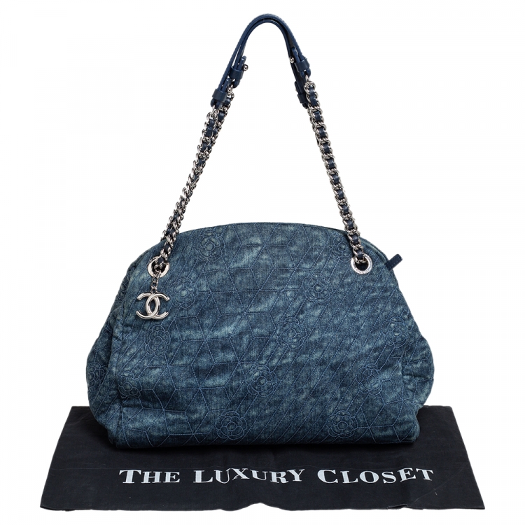 Pre Owned Chanel Blue Camellia Embroidered Denim and Leather Large Just Mademoiselle Bowler Bag