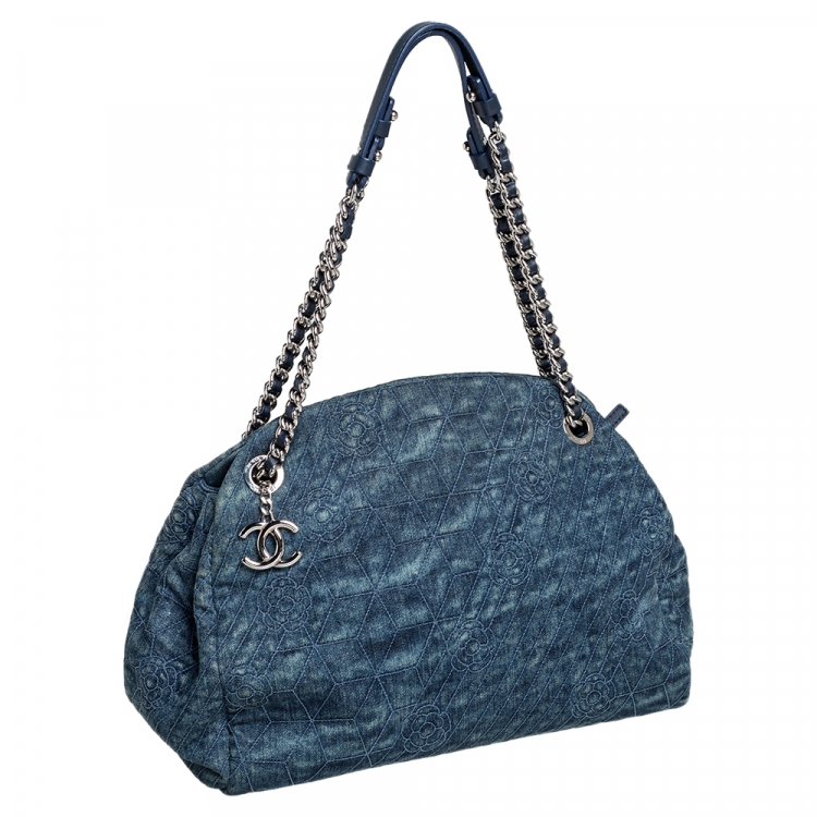 Pre Owned Chanel Blue Camellia Embroidered Denim and Leather Large Just Mademoiselle Bowler Bag