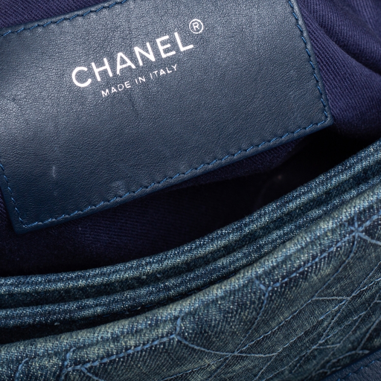 Pre Owned Chanel Blue Camellia Embroidered Denim and Leather Large Just Mademoiselle Bowler Bag