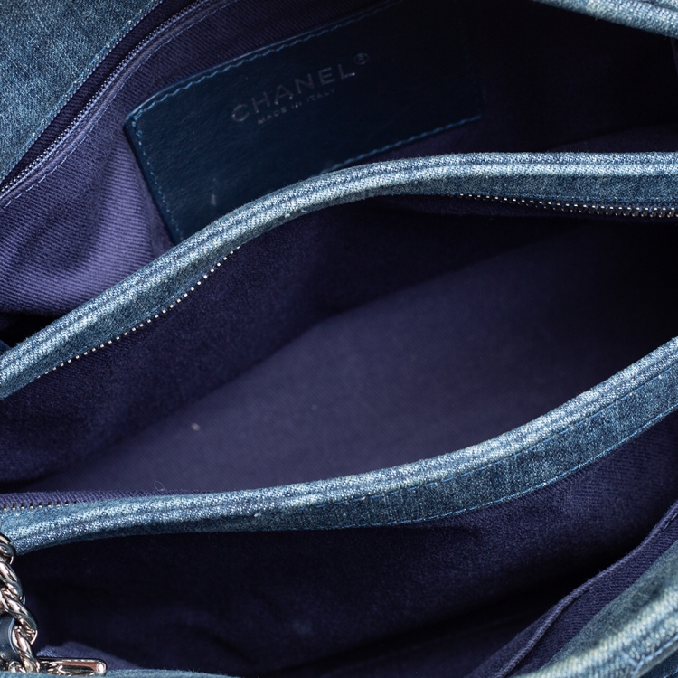Pre Owned Chanel Blue Camellia Embroidered Denim and Leather Large Just Mademoiselle Bowler Bag
