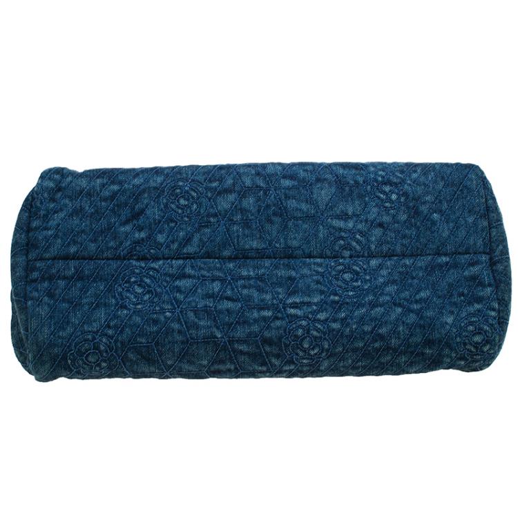 Pre Owned Chanel Blue Denim Camellia Embroidered Just Mademoiselle Bowling Bag