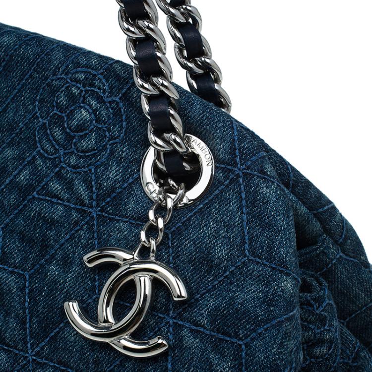 Pre Owned Chanel Blue Denim Camellia Embroidered Just Mademoiselle Bowling Bag
