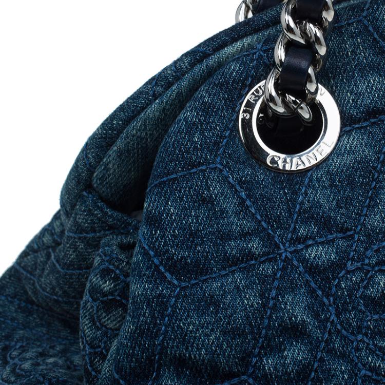 Pre Owned Chanel Blue Denim Camellia Embroidered Just Mademoiselle Bowling Bag