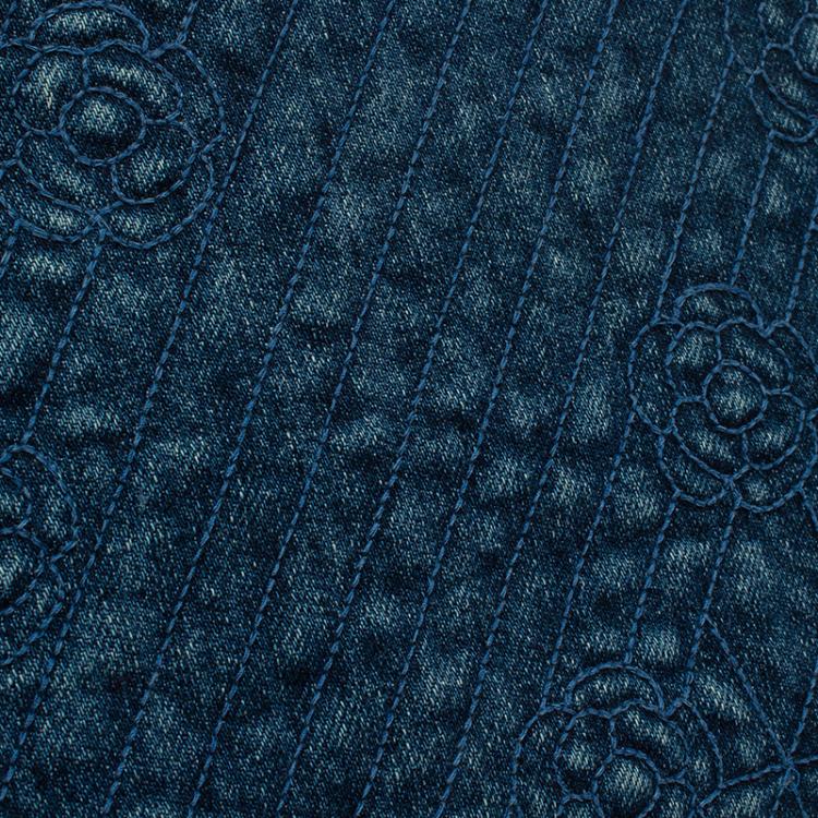 Pre Owned Chanel Blue Denim Camellia Embroidered Just Mademoiselle Bowling Bag