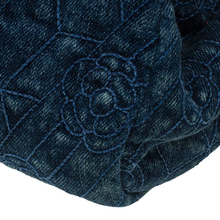 Pre Owned Chanel Blue Denim Camellia Embroidered Just Mademoiselle Bowling Bag