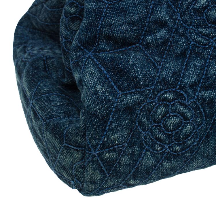 Pre Owned Chanel Blue Denim Camellia Embroidered Just Mademoiselle Bowling Bag