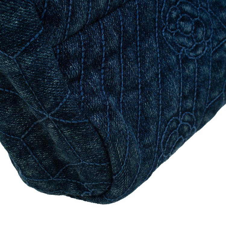 Pre Owned Chanel Blue Denim Camellia Embroidered Just Mademoiselle Bowling Bag