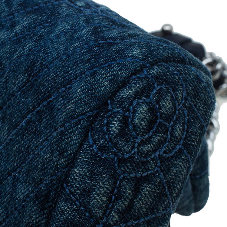 Pre Owned Chanel Blue Denim Camellia Embroidered Just Mademoiselle Bowling Bag