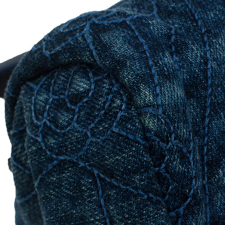 Pre Owned Chanel Blue Denim Camellia Embroidered Just Mademoiselle Bowling Bag