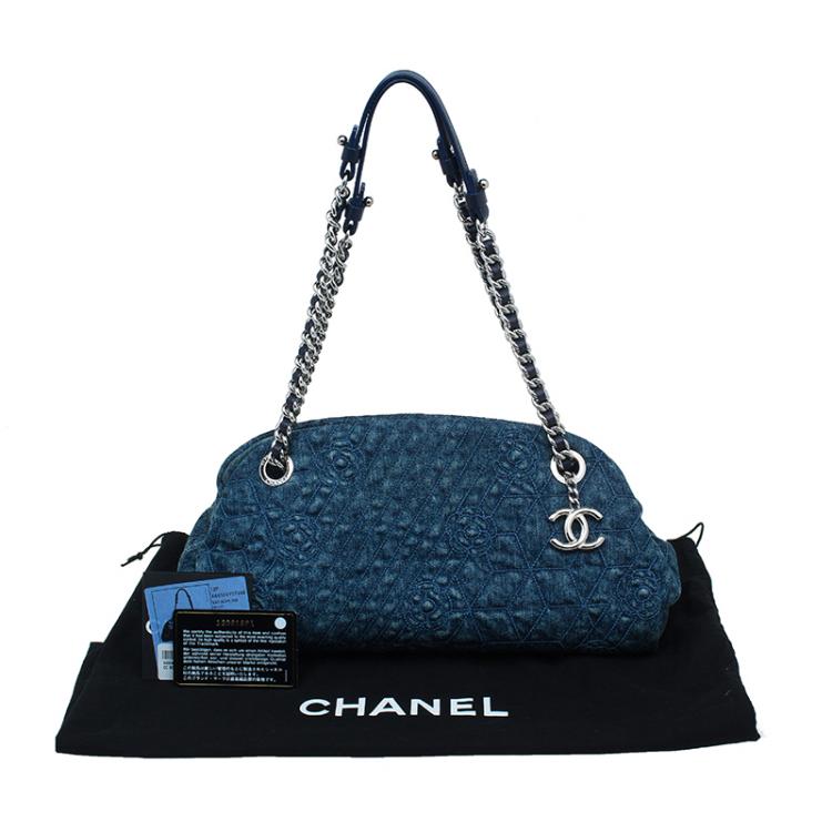 Pre Owned Chanel Blue Denim Camellia Embroidered Just Mademoiselle Bowling Bag