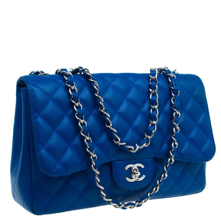 Pre Owned Chanel Blue Quilted Caviar Leather Jumbo Classic Single Flap Bag
