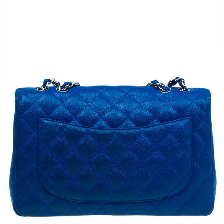 Pre Owned Chanel Blue Quilted Caviar Leather Jumbo Classic Single Flap Bag