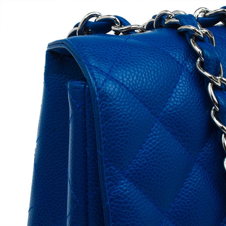 Pre Owned Chanel Blue Quilted Caviar Leather Jumbo Classic Single Flap Bag