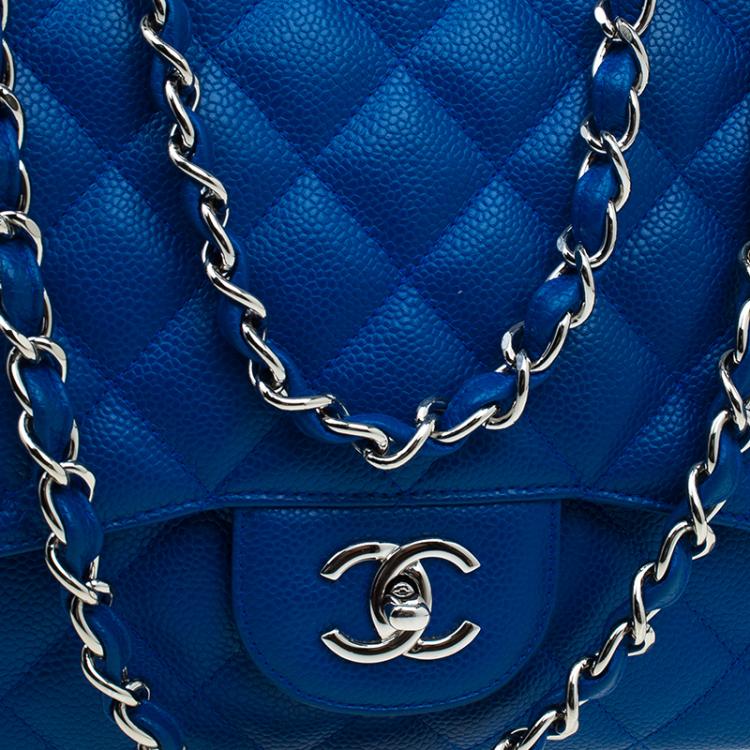 Pre Owned Chanel Blue Quilted Caviar Leather Jumbo Classic Single Flap Bag