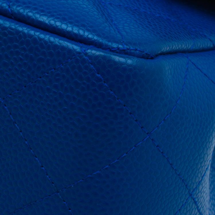 Pre Owned Chanel Blue Quilted Caviar Leather Jumbo Classic Single Flap Bag