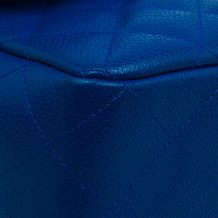 Pre Owned Chanel Blue Quilted Caviar Leather Jumbo Classic Single Flap Bag
