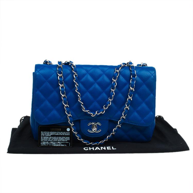 Pre Owned Chanel Blue Quilted Caviar Leather Jumbo Classic Single Flap Bag