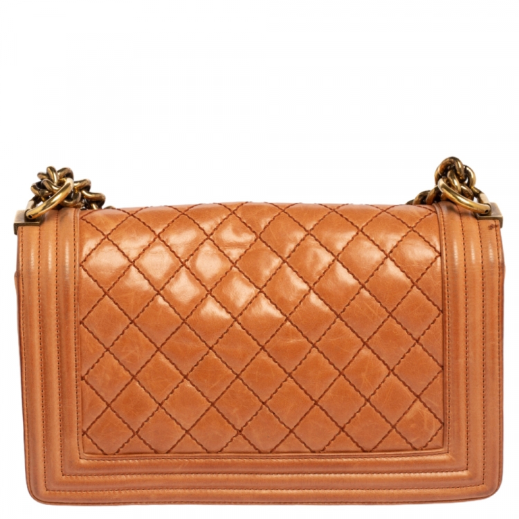 Pre Owned Chanel Peach Quilted Leather Medium Boy Bag