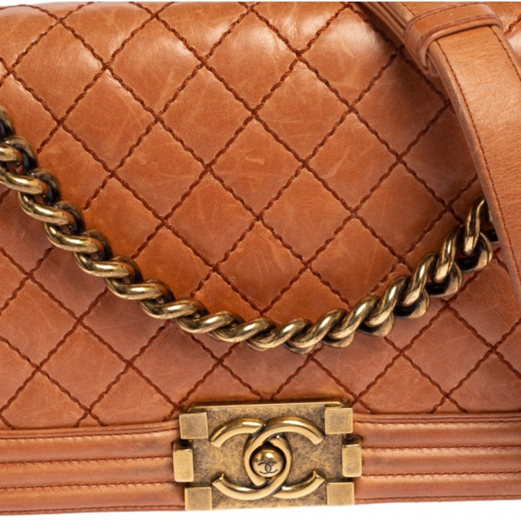 Pre Owned Chanel Peach Quilted Leather Medium Boy Bag