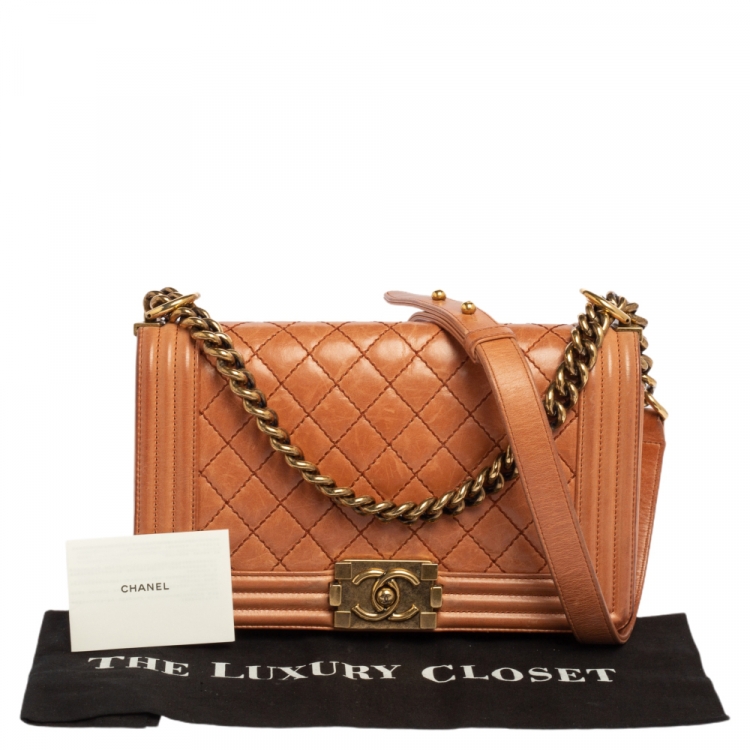 Pre Owned Chanel Peach Quilted Leather Medium Boy Bag