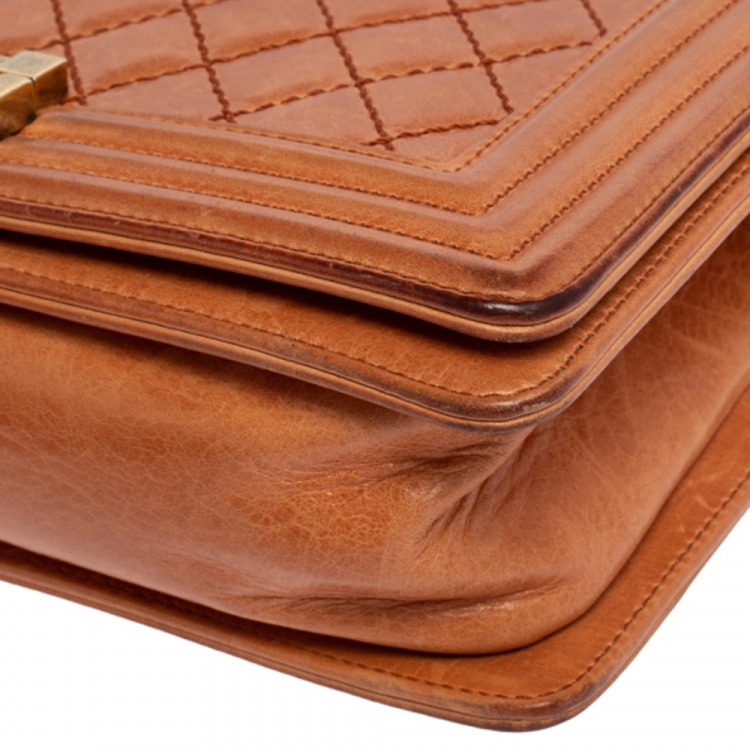 Pre Owned Chanel Peach Quilted Leather Medium Boy Bag