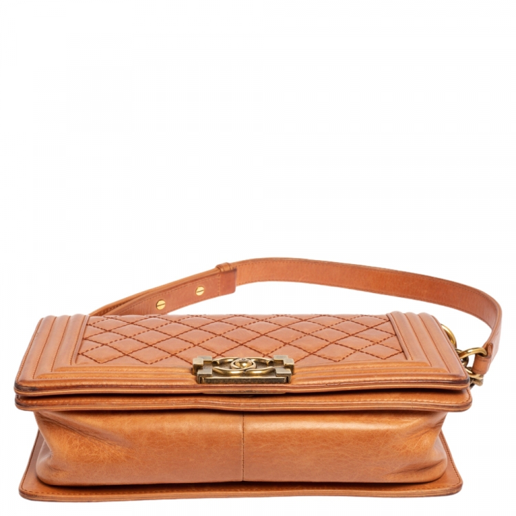 Pre Owned Chanel Peach Quilted Leather Medium Boy Bag