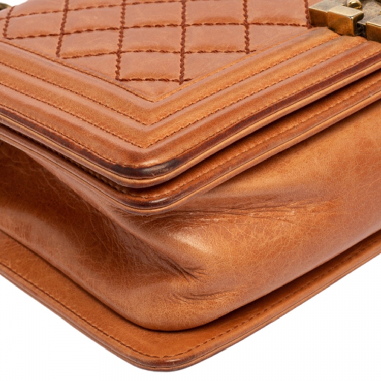 Pre Owned Chanel Peach Quilted Leather Medium Boy Bag