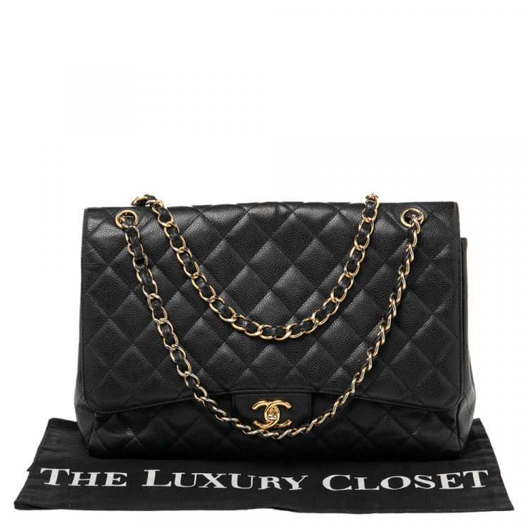 Pre Owned Chanel Black Quilted Caviar Leather Maxi Classic Single Flap Bag