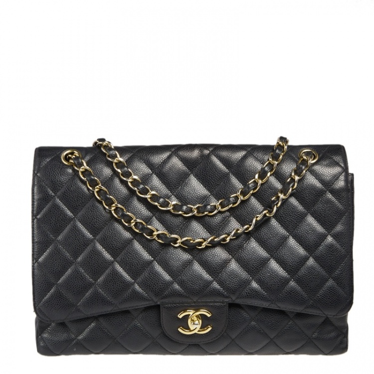Pre Owned Chanel Black Quilted Caviar Leather Maxi Classic Single Flap Bag