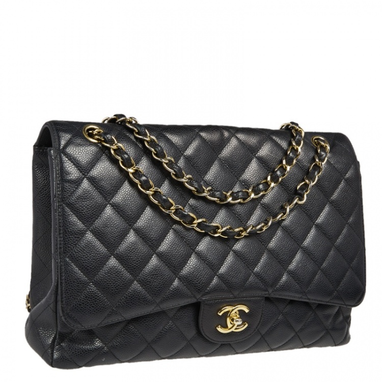 Pre Owned Chanel Black Quilted Caviar Leather Maxi Classic Single Flap Bag