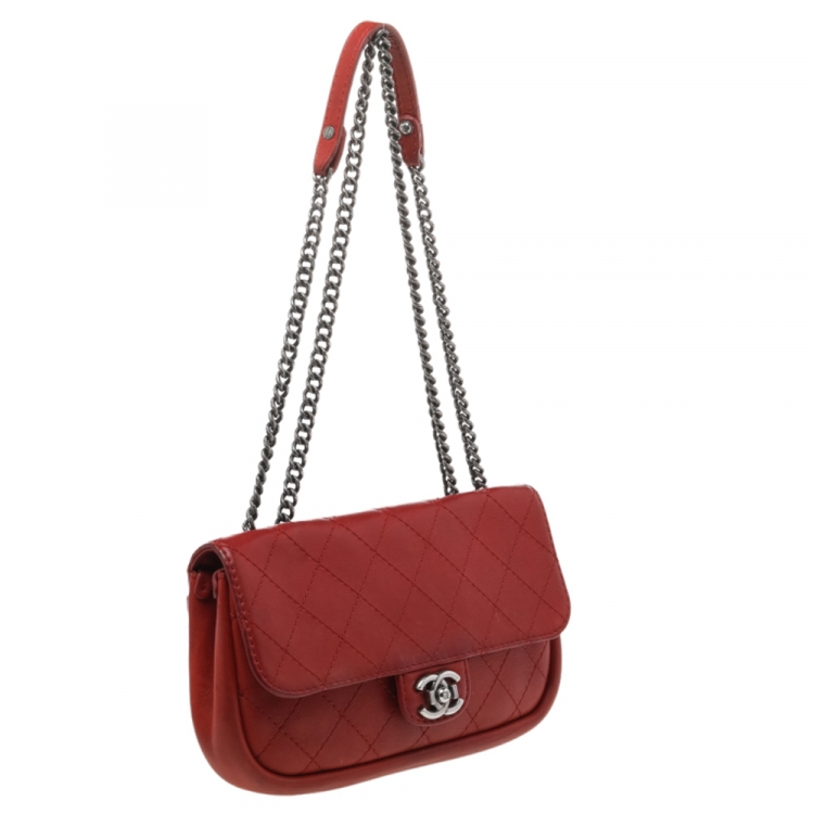 Pre Owned Chanel Red Quilted Leather Single Flap Bag