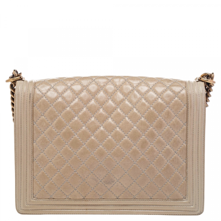 Pre Owned Chanel Beige Quilted Leather Large Boy Flap Bag
