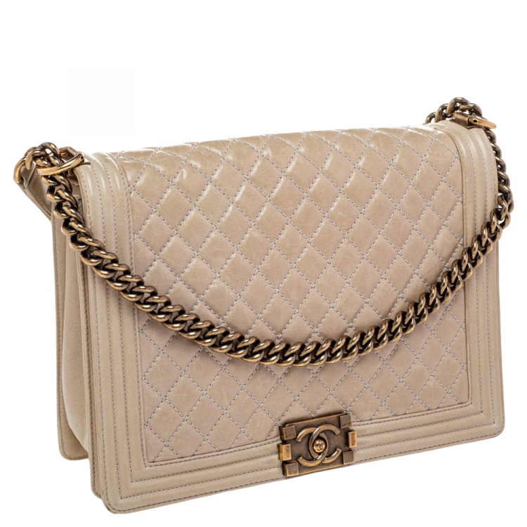 Pre Owned Chanel Beige Quilted Leather Large Boy Flap Bag