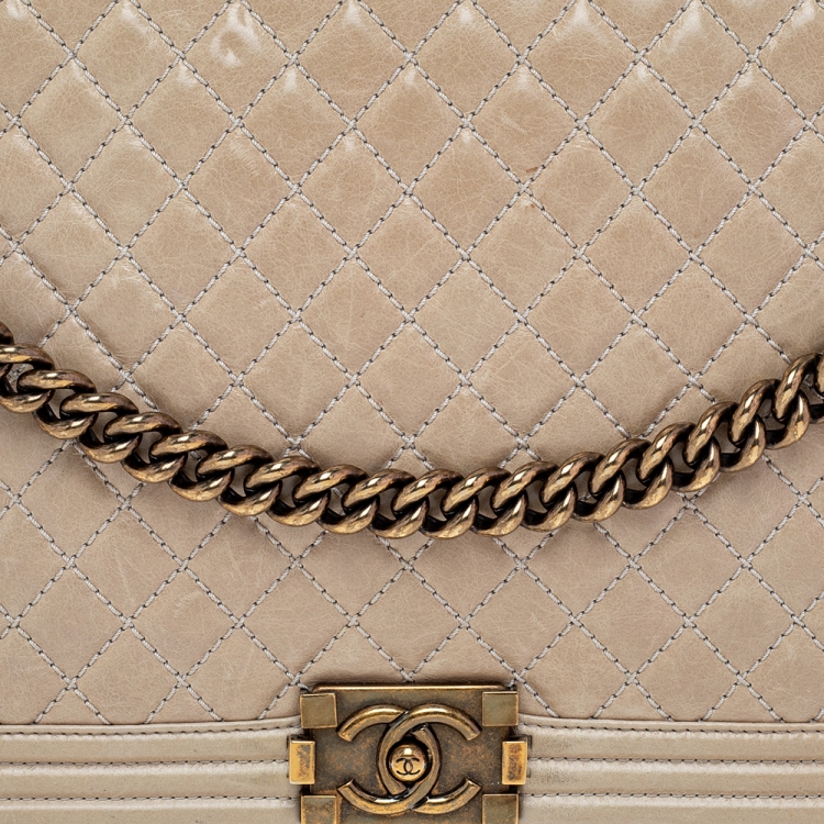 Pre Owned Chanel Beige Quilted Leather Large Boy Flap Bag