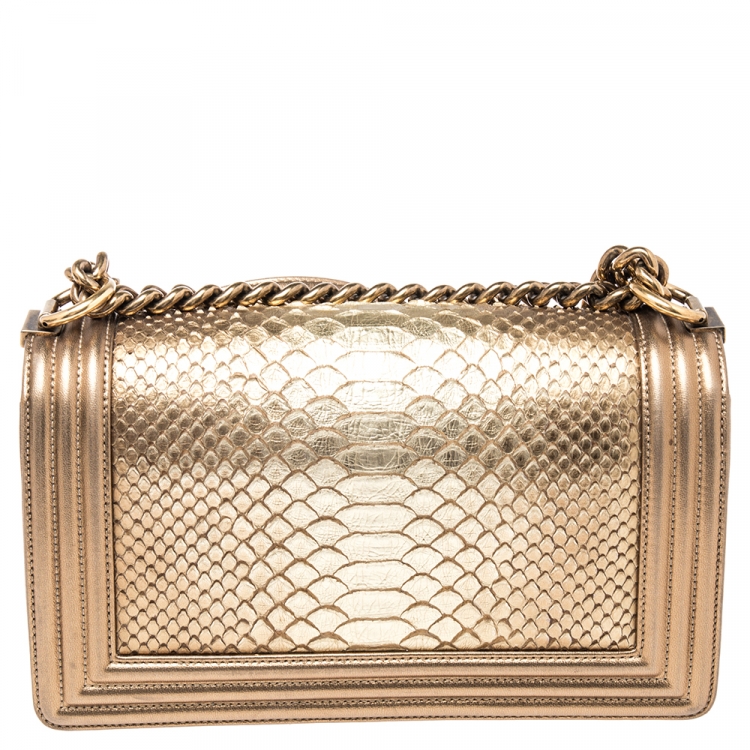 Pre Owned Chanel Metallic Gold Python and Leather Medium Boy Flap Bag