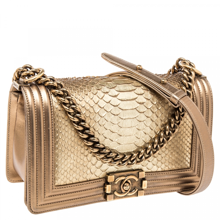 Pre Owned Chanel Metallic Gold Python and Leather Medium Boy Flap Bag